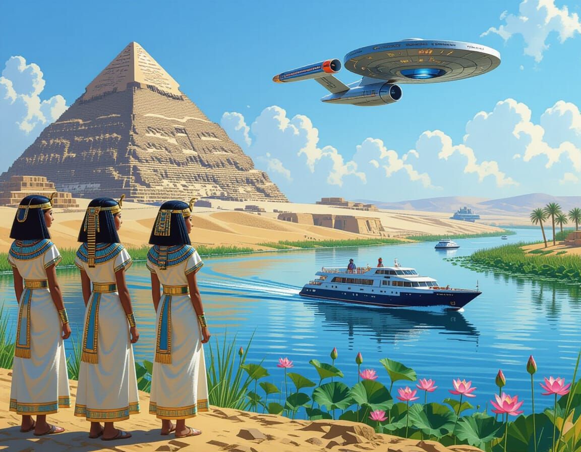 Egyptian Nile Scene with Futuristic Spaceship