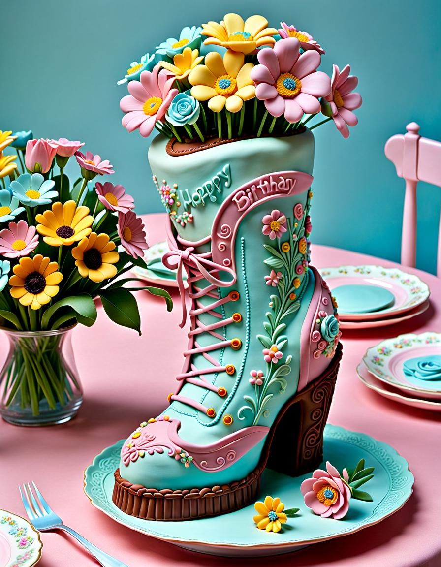 Dreamlike Cake Sculpture of Boot with Flowers