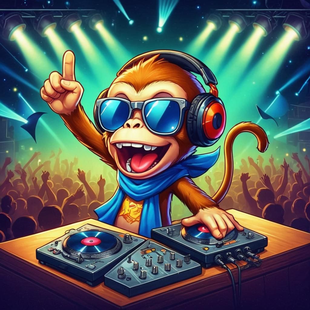 Cartoon Monkey DJ at Nightclub
