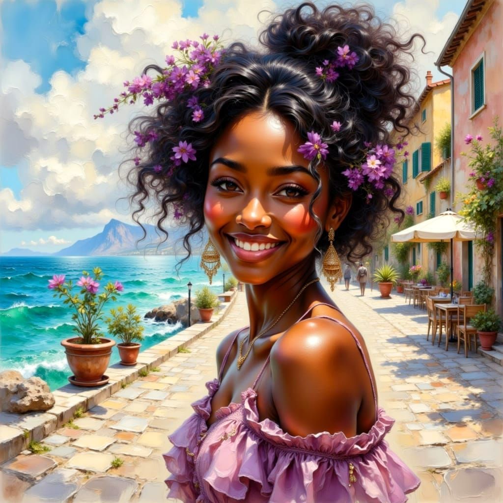 Black Woman Smiling by Sea in Italian Town
