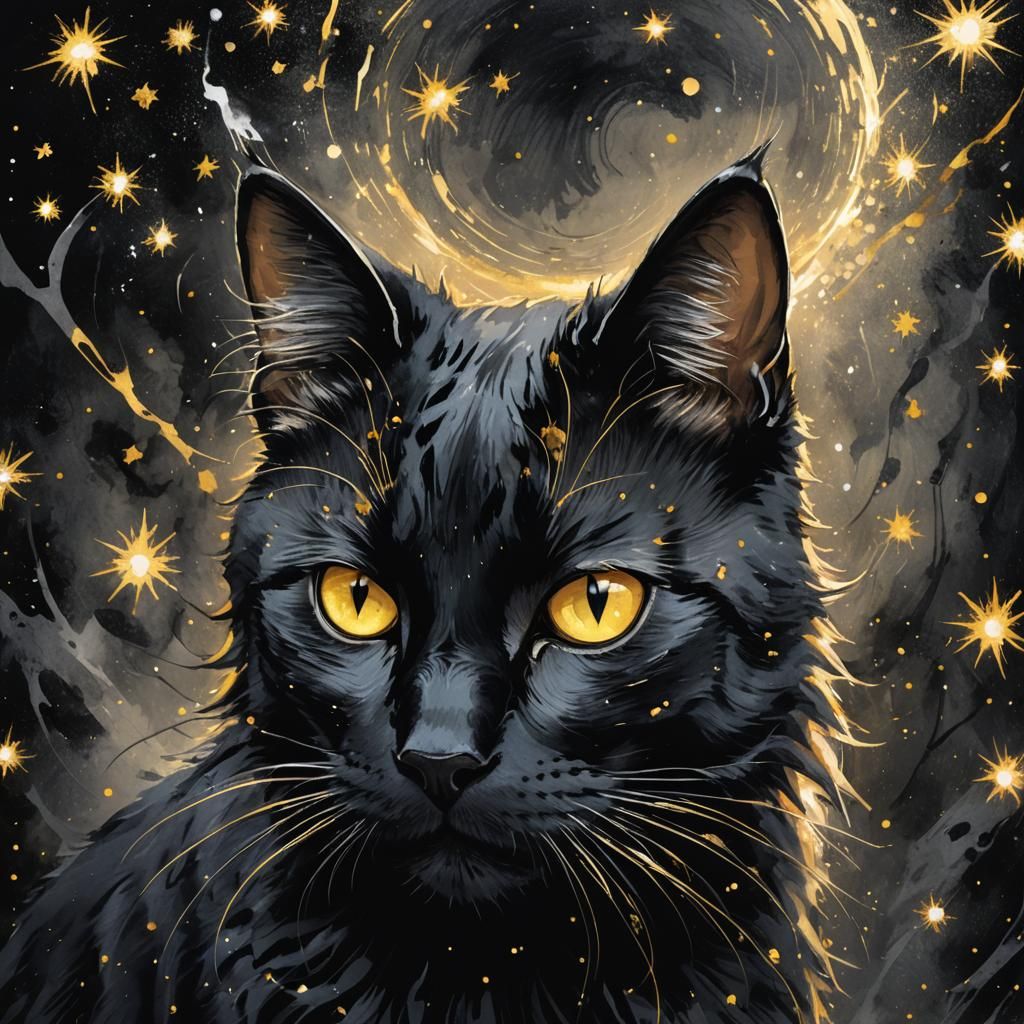 Black Cat in Darkness with Golden Eyes
