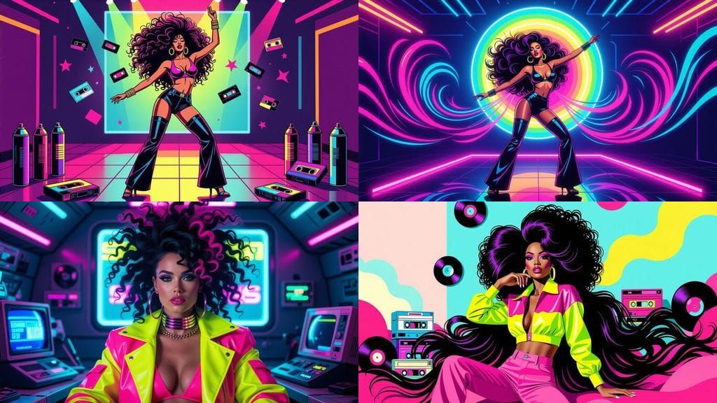 Vibrant 80s Music Video Art in Neon Colors