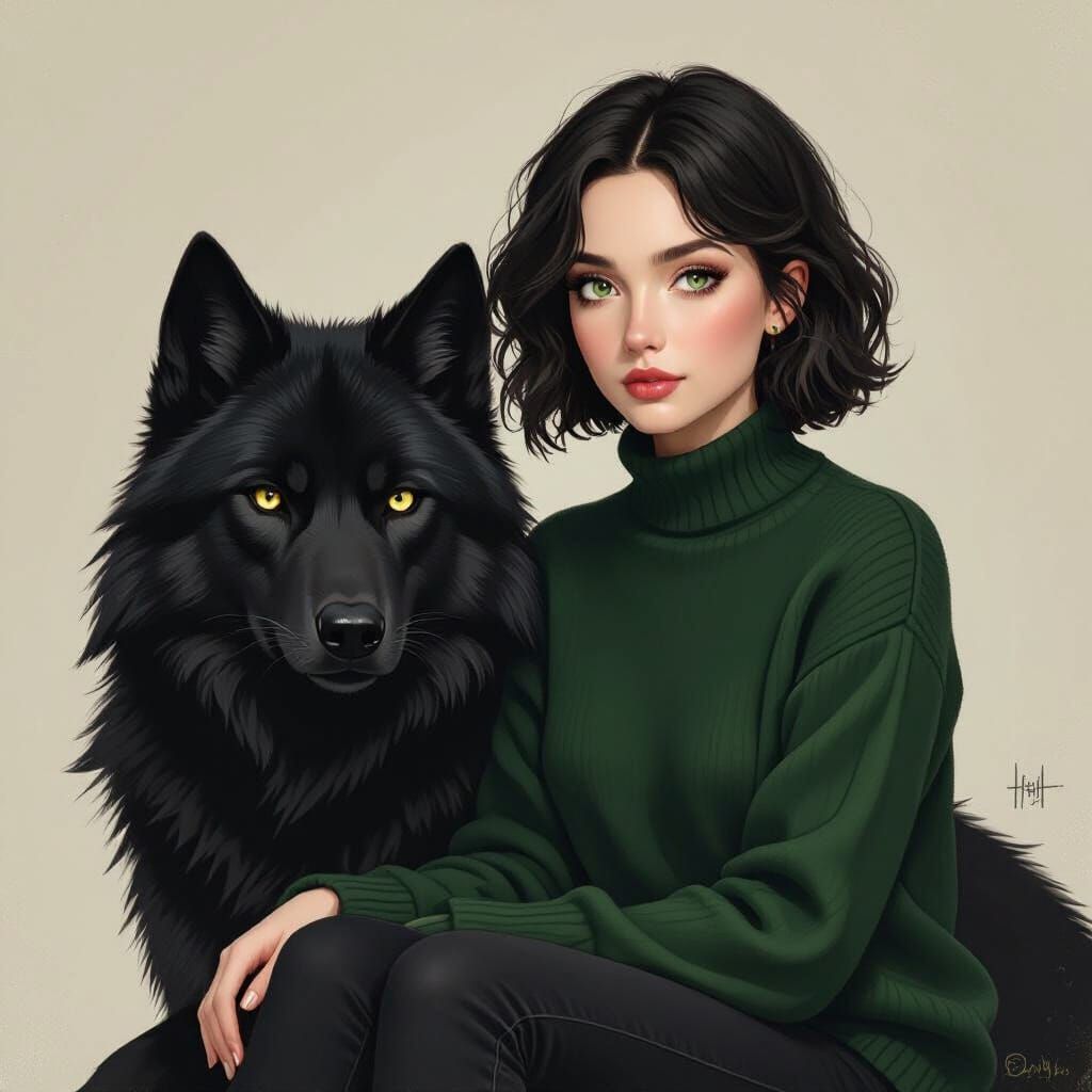 Serene Irish Girl and Black Wolf Matte Painting