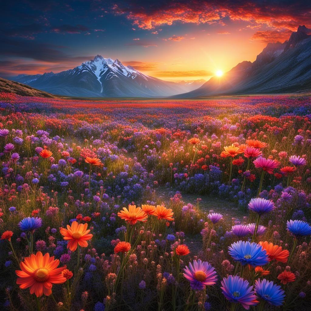 Exotic Flower Field Sunrise on Alien Planet