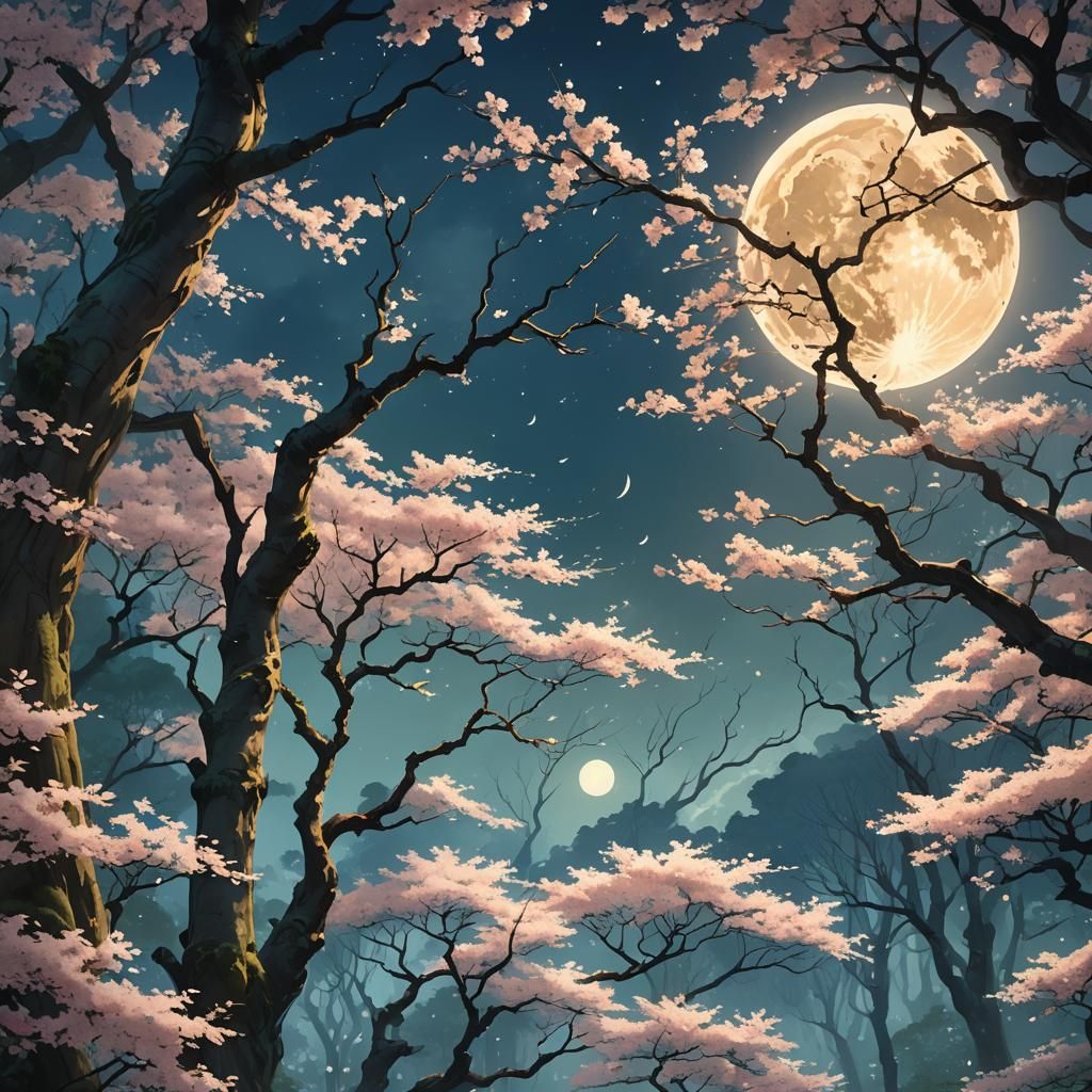 Mystical Moonlit Forest in Japanese Anime Style