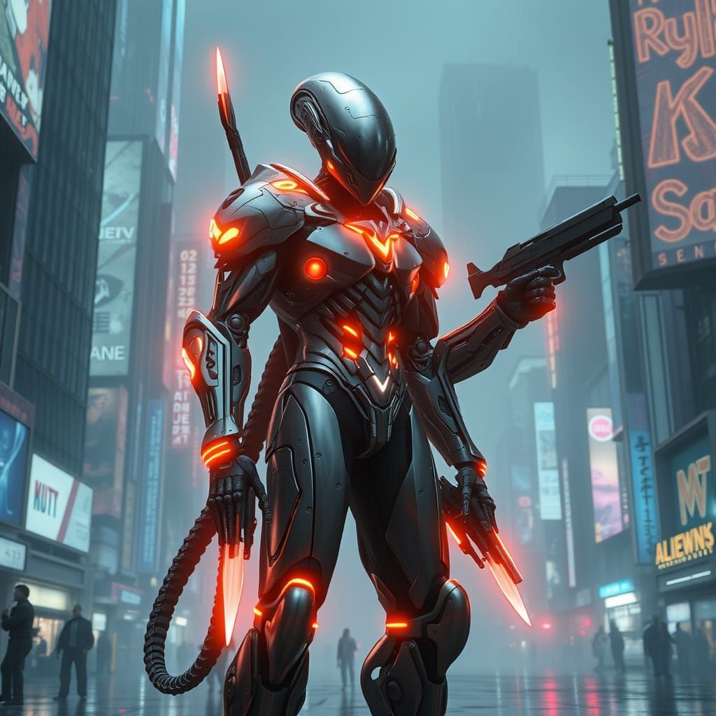 Cyberpunk Alien Knight in Dystopian Future Metropolis