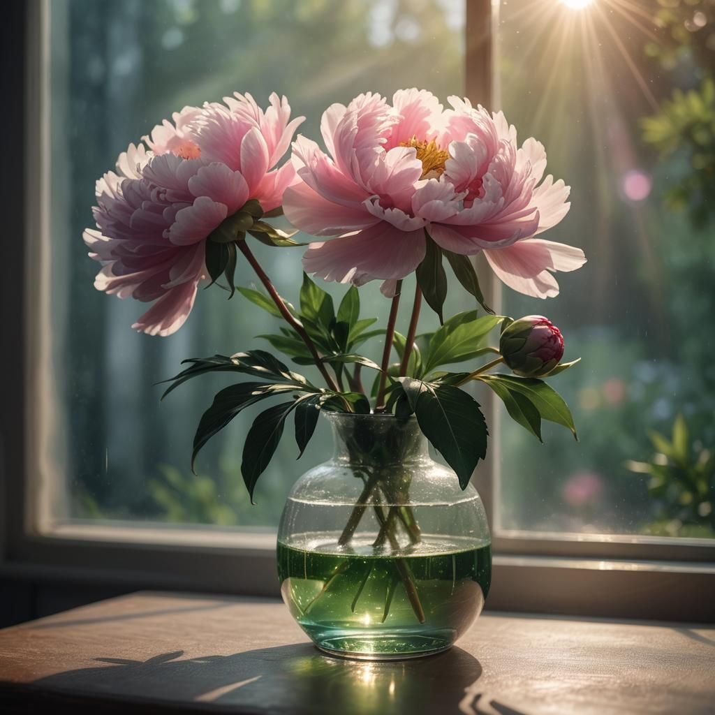 Peony in Glass Vase Lit by Sun Ray