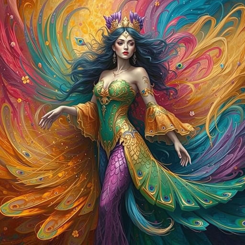 Dragon Peacock Woman in Abstract Expressionist Style
