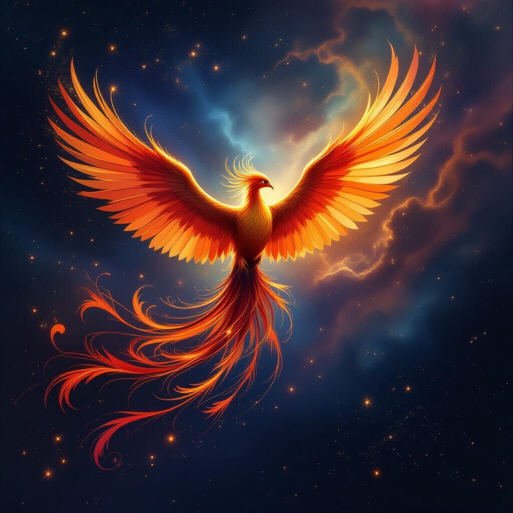 Golden Phoenix Soars Through Cosmic Nebula