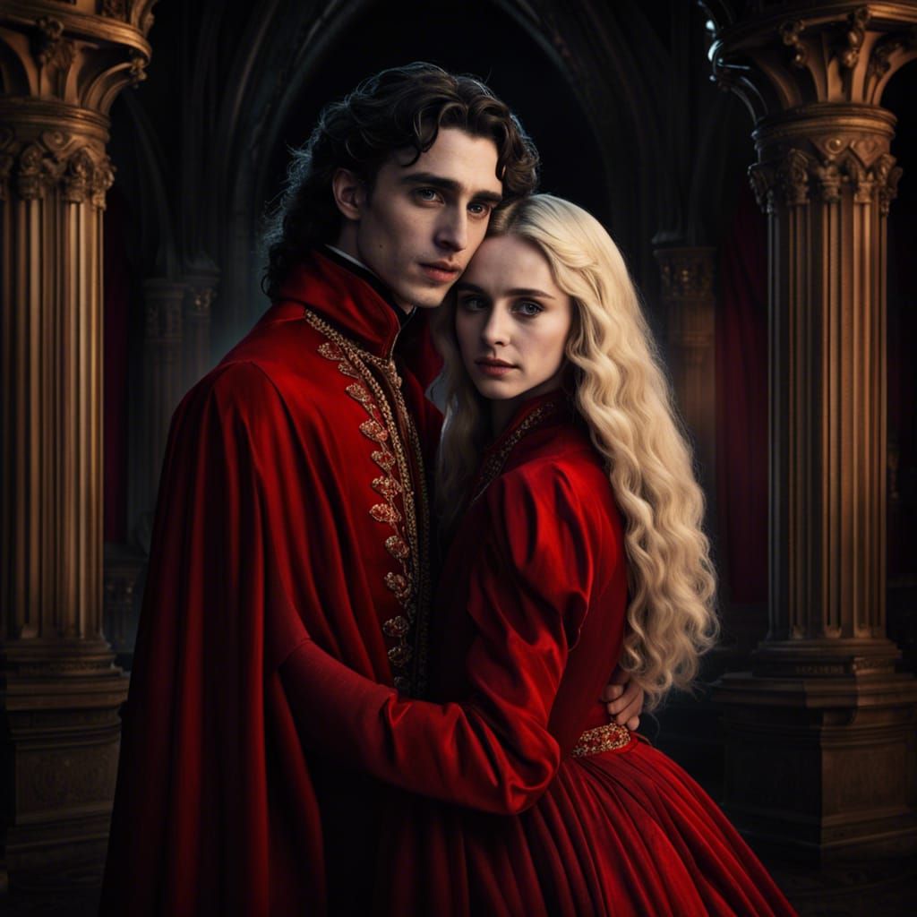 Vampire Embraces Woman in Castle Hall, Photorealistic
