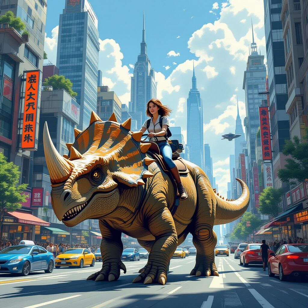 Dinosaurs and Humans Coexisting in a Cityscape