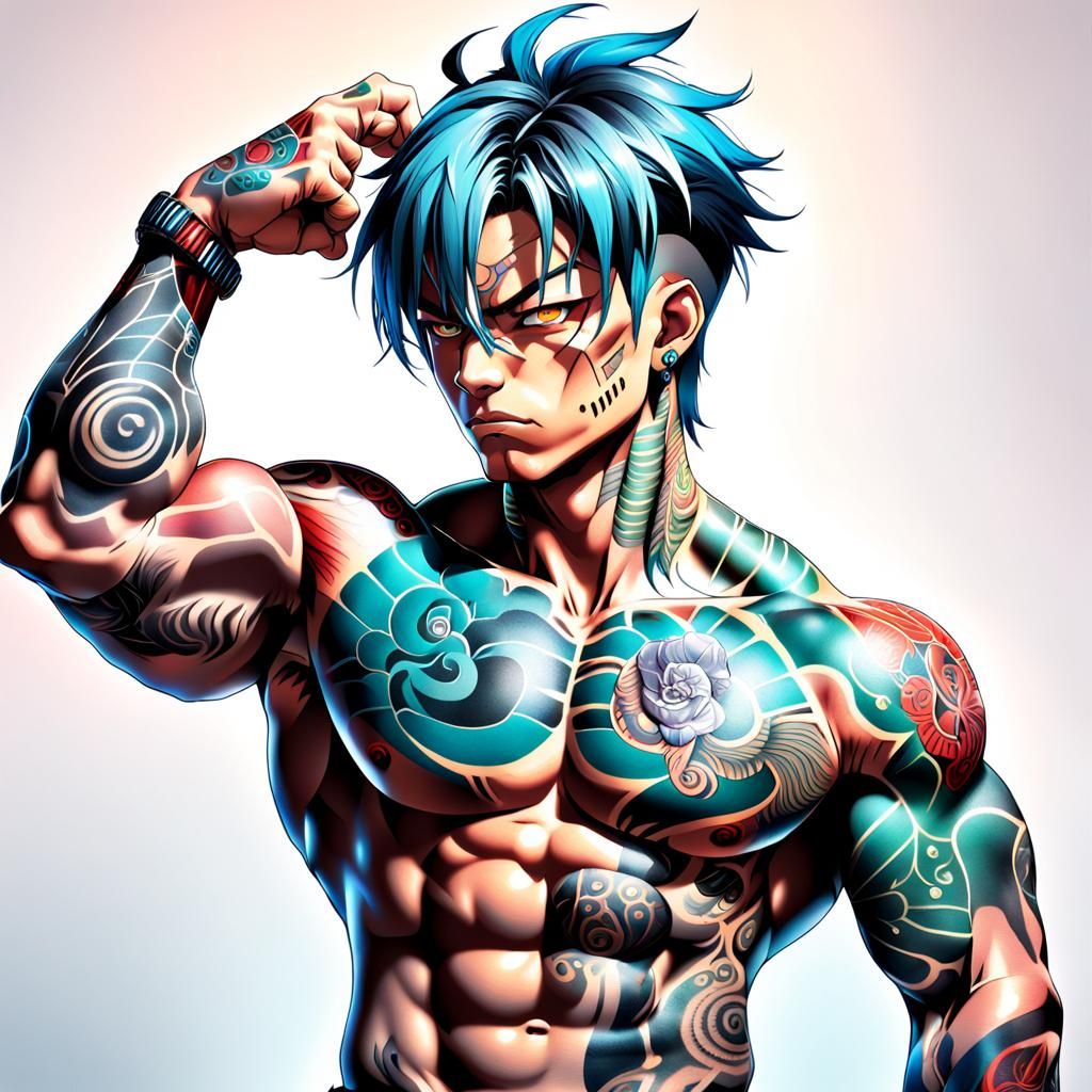 Muscular Anime Character Flexing: Hyper-Realistic Illustrati...