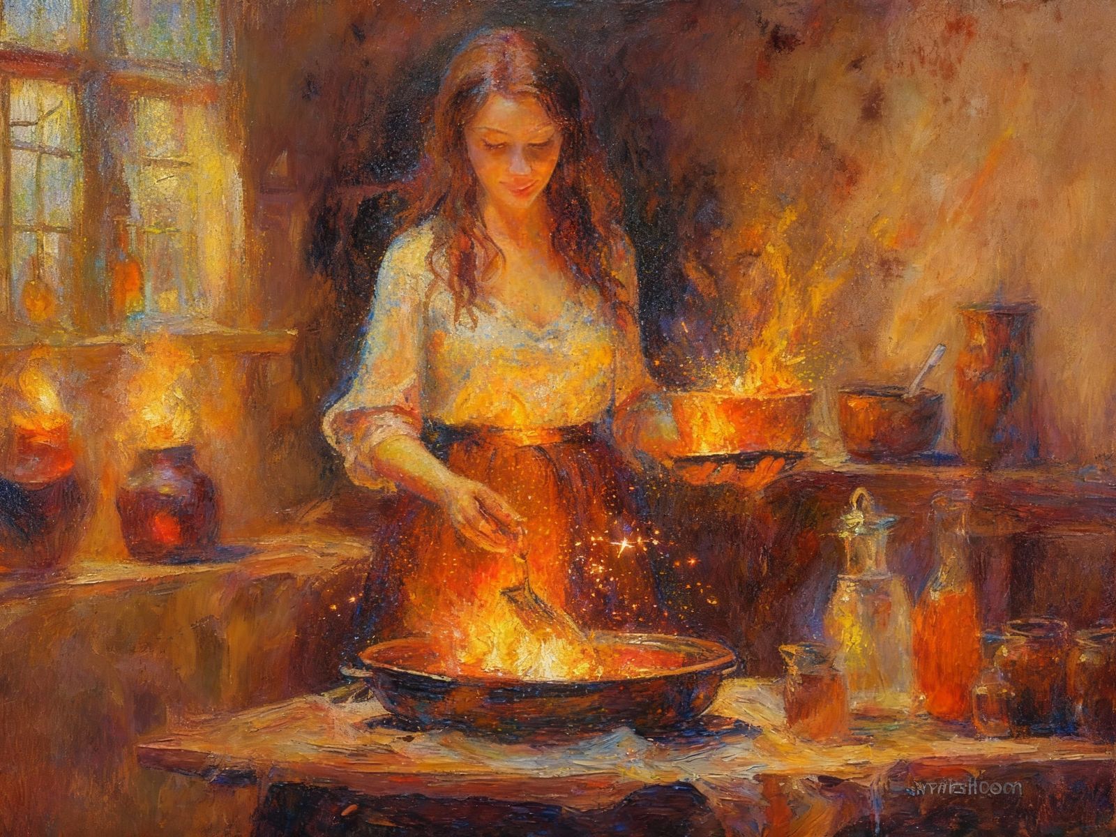 Magical Chore Painting of a Witch with Elixirs