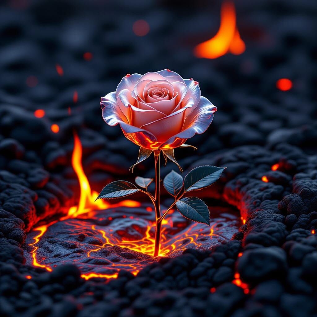 Glass Rose Blooms Amidst Volcanic Lava and Flames