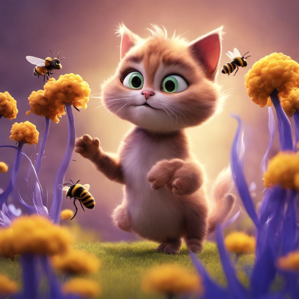 Cat Stung by Bee: Pixar-Style 3D Digital Art