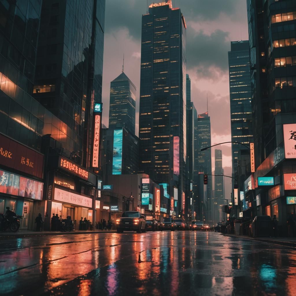 Futuristic Cityscape at Dusk in Cinematic Style
