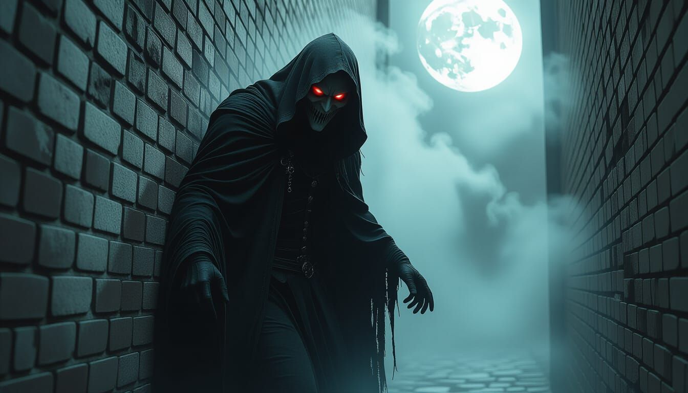 Sinister Shadow Figure in Moonlit Alley