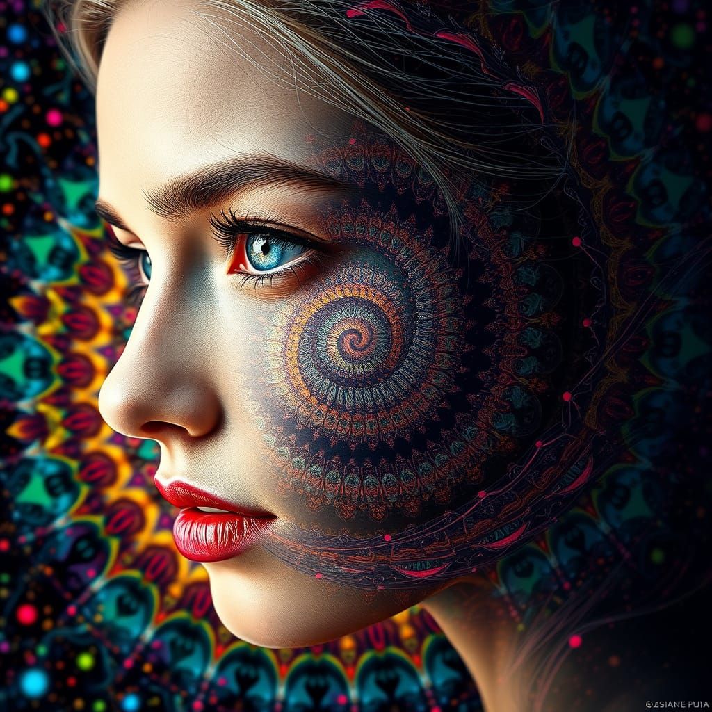 Hyperrealistic Portrait with Psychedelic Spiral Fractal