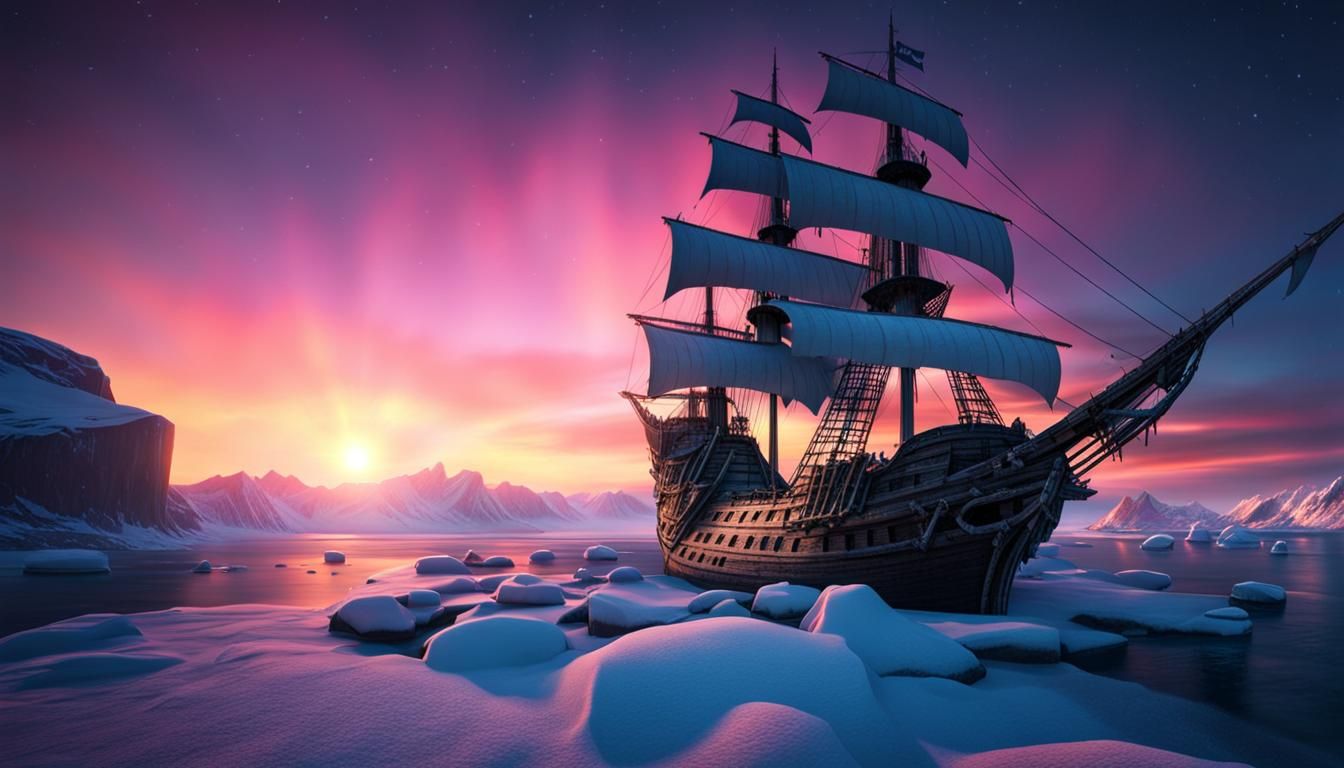 Northern Lights Over Frozen Pirate Ship