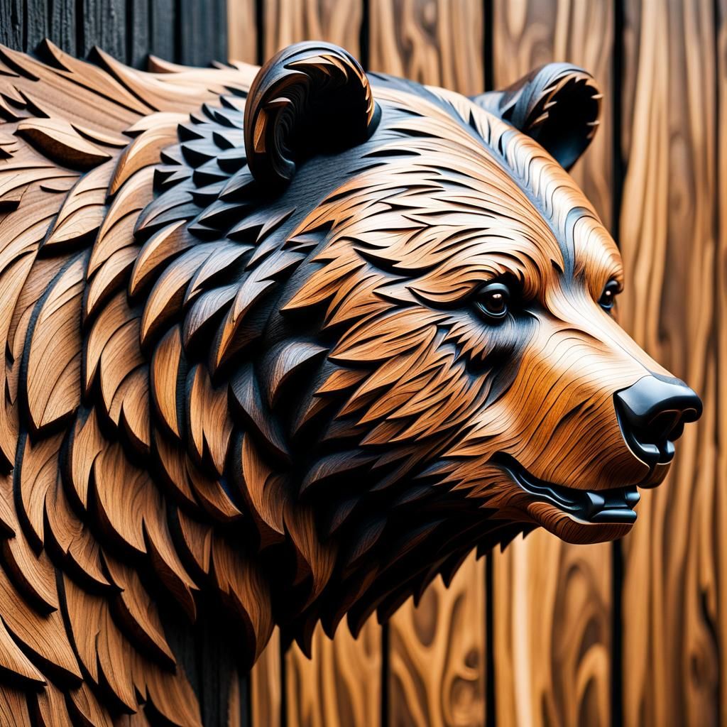 Realistic Bear Wood Carving with Graffiti Elements