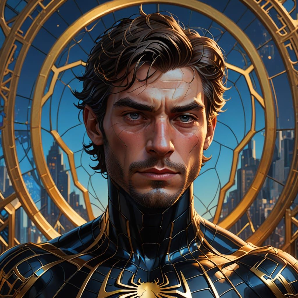 Spiderman in Black and Gold Suit, Art Nouveau Portrait