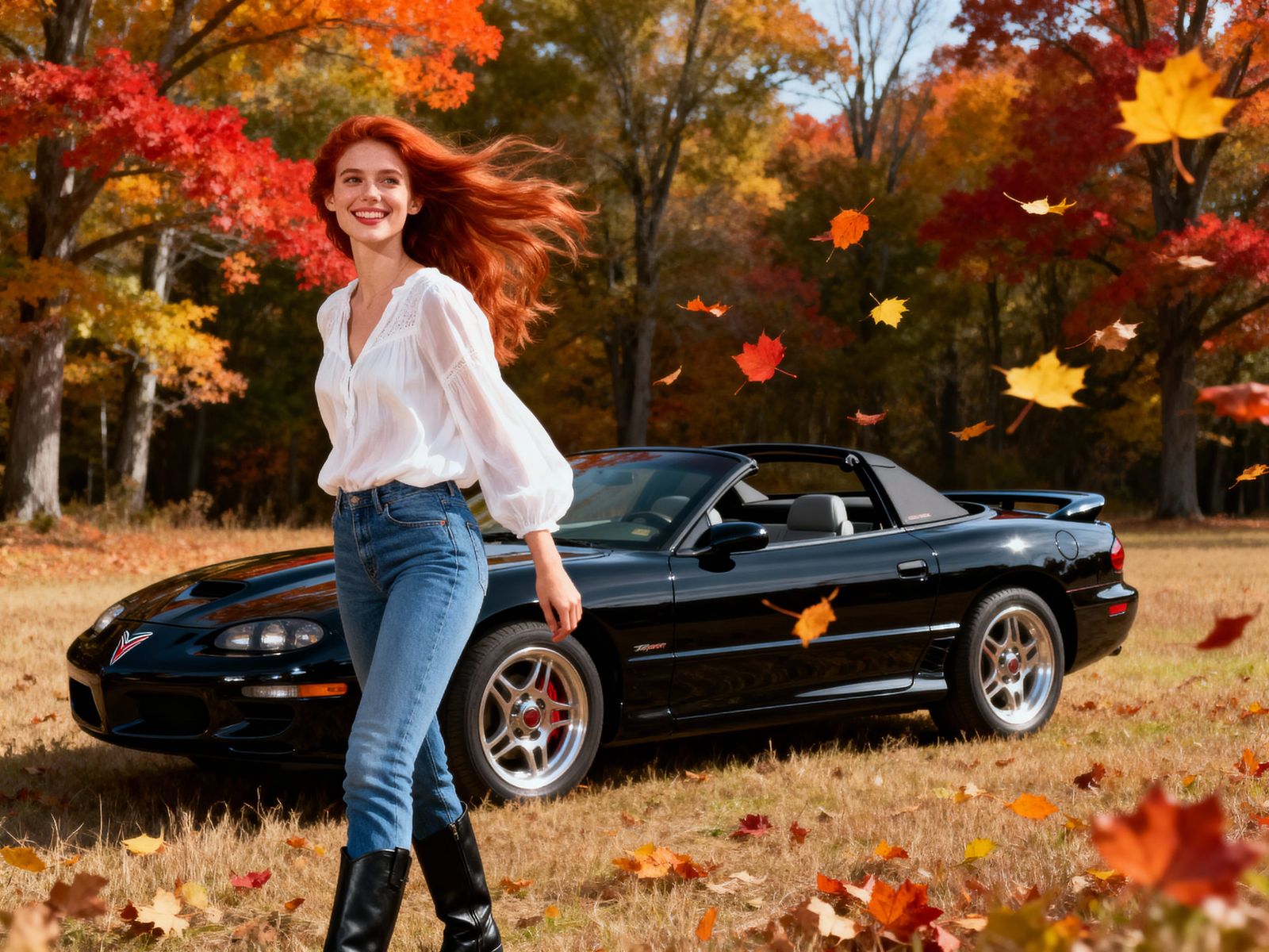 Woman With Red Hair Poses By Black 1998 Pontiac Firebird