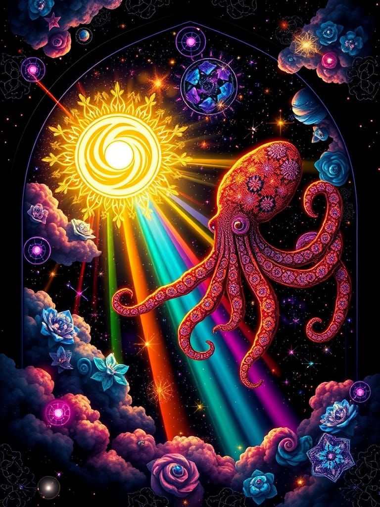 Bioluminescent Space Squid in Stained Glass Window