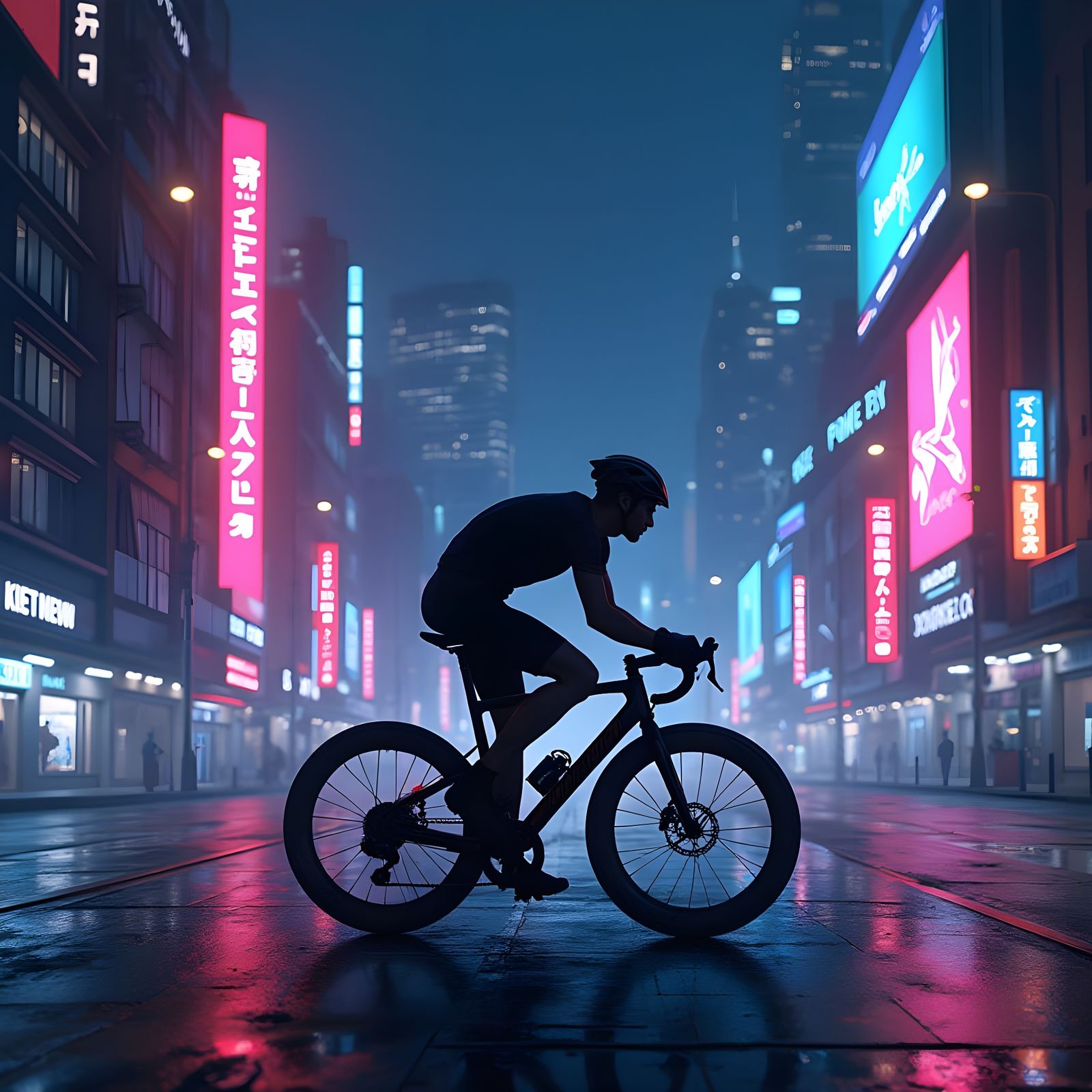 Hyperrealistic Cyberpunk Cityscape with Road Bike