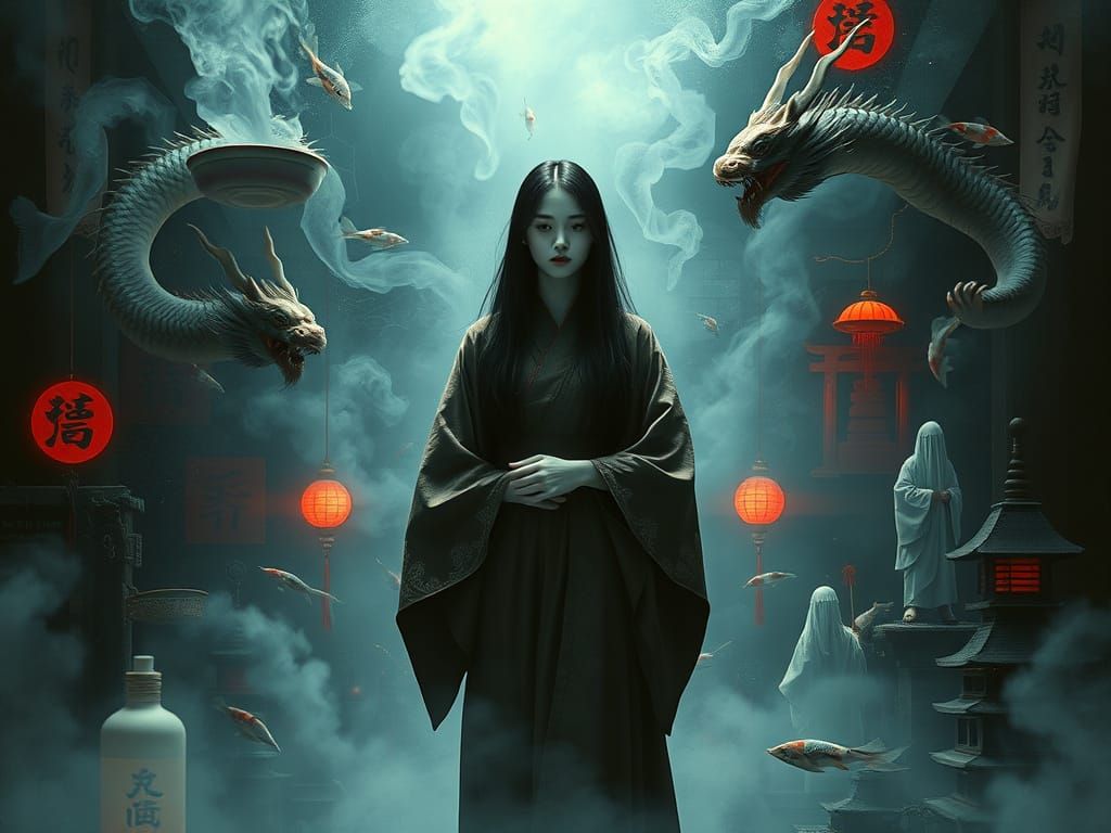 Surreal Japanese Noir Poster with Spectral Dragons