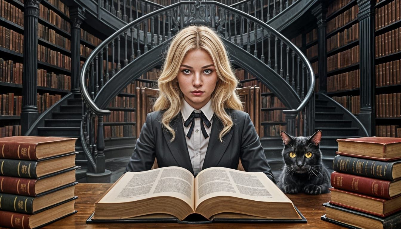 Dark Academic Library with Evil Blonde Woman