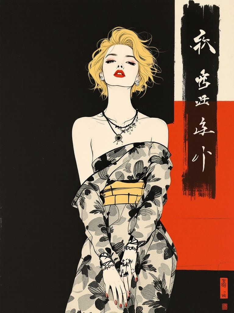 Pin-Up Woman in Bold Geometric Ink Style