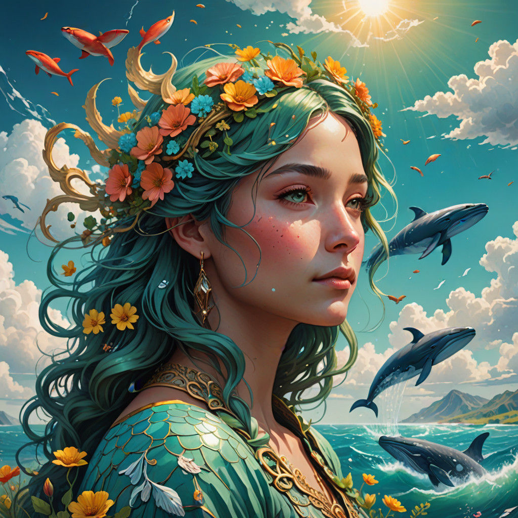 Whimsical Fantasy Portrait with Flying Whales in a Dreamy Wa...
