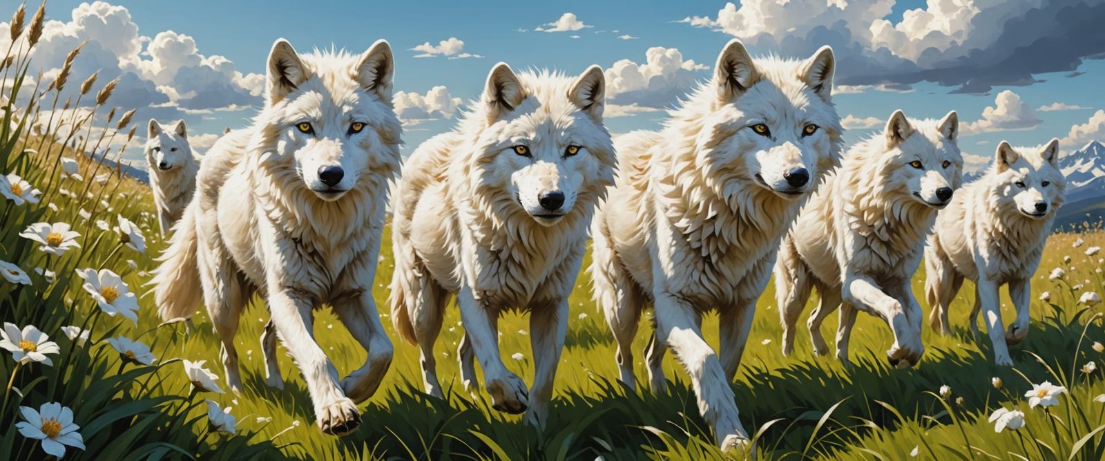 Arctic Wolf Pack Leader in Sunlit Meadow