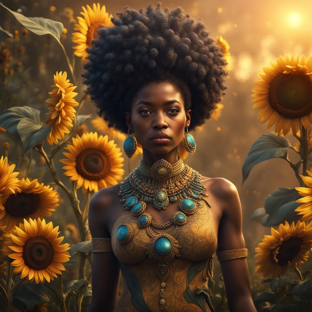 Black Bride with Sunflower Bouquet, Detailed Digital Art
