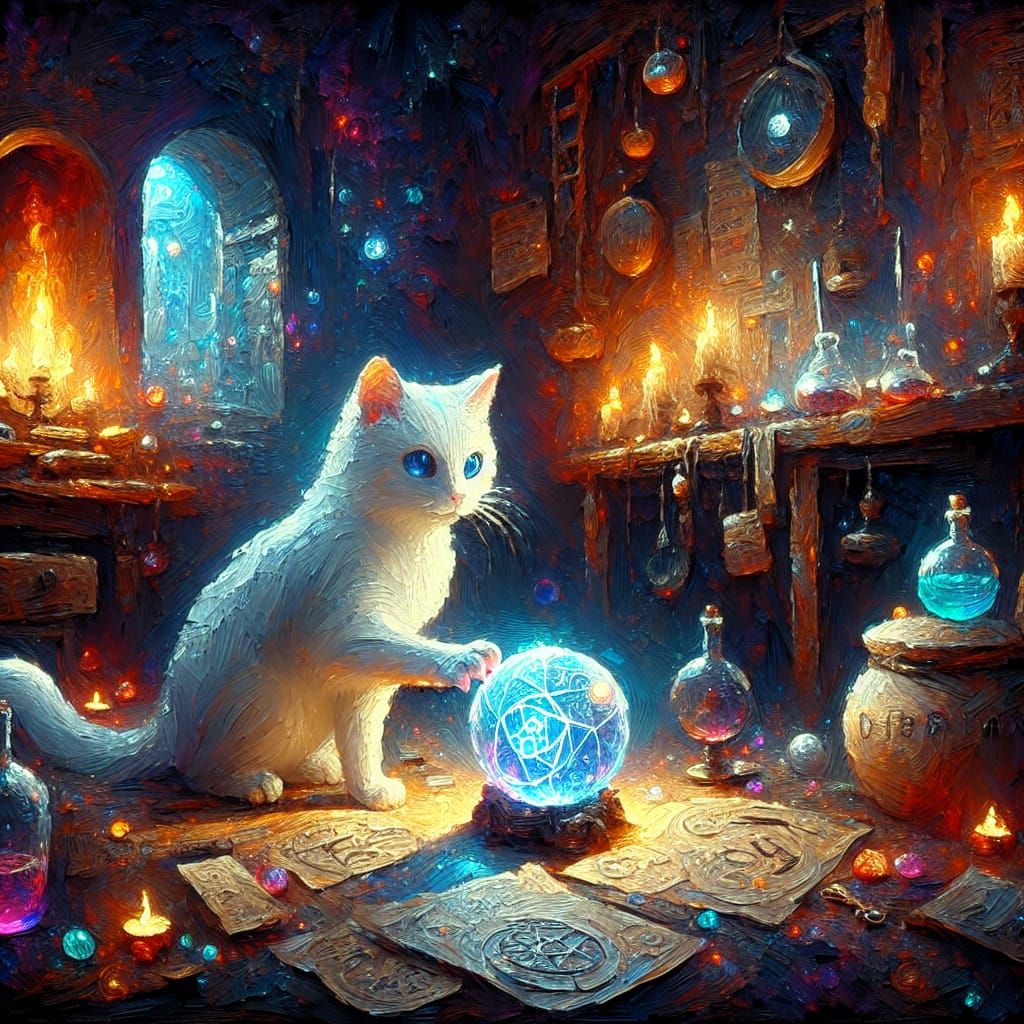 Magical Sorcerer Cat Soars in Impasto Painting