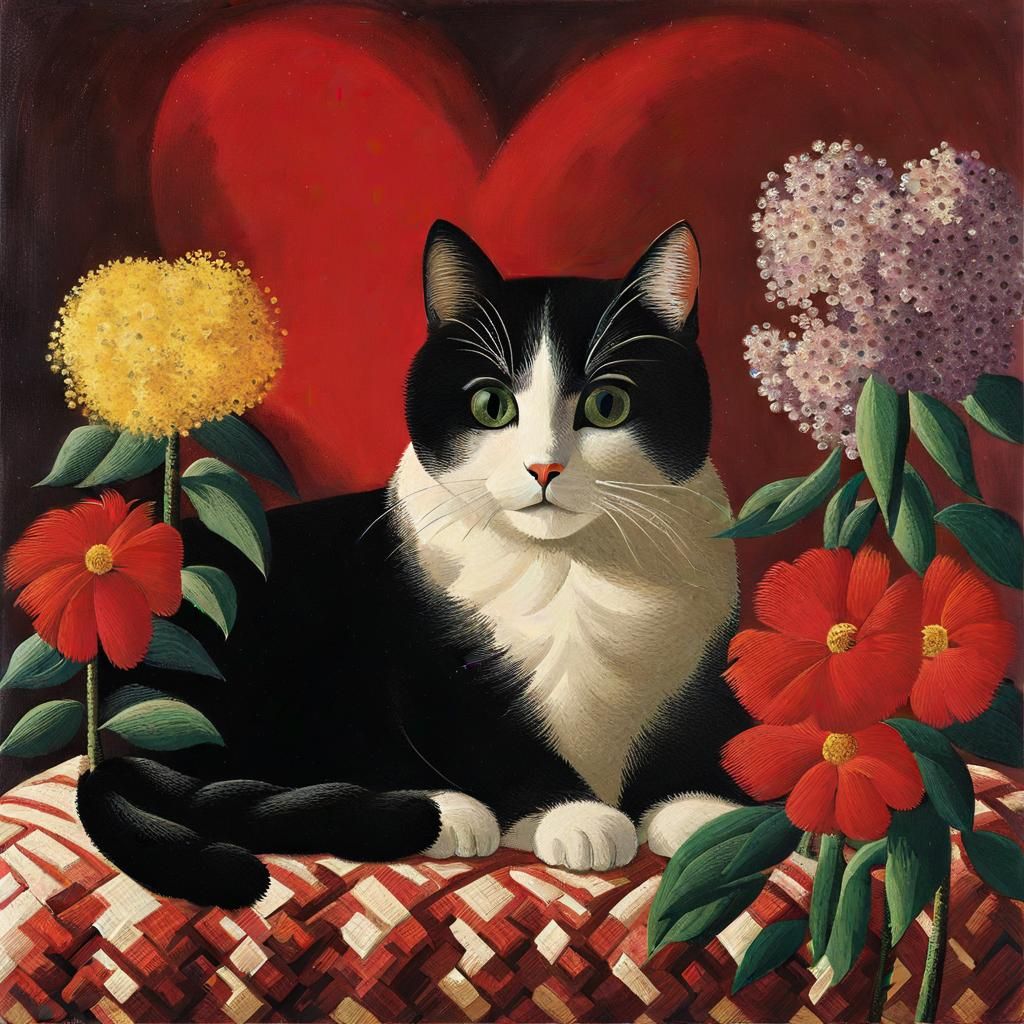 Cute Cat Surrounded by Flowers in Folk Art Style