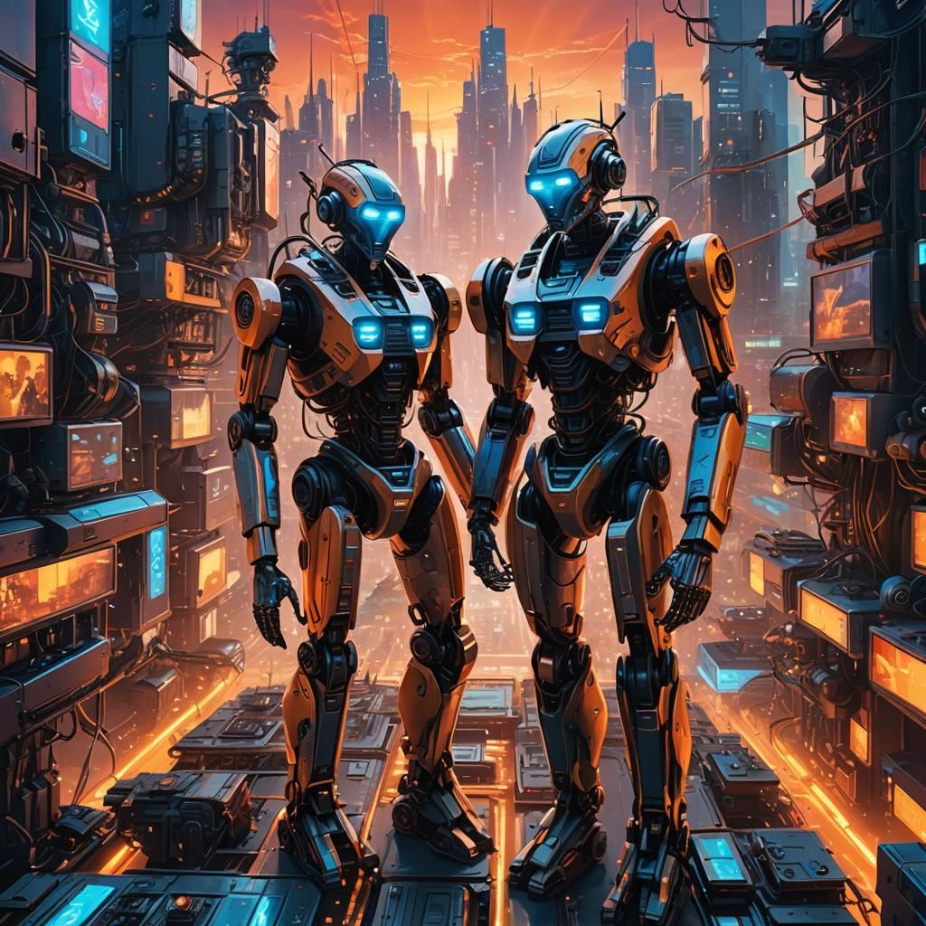 Dystopian Robot Uprising: A Sci-Fi Oil Painting