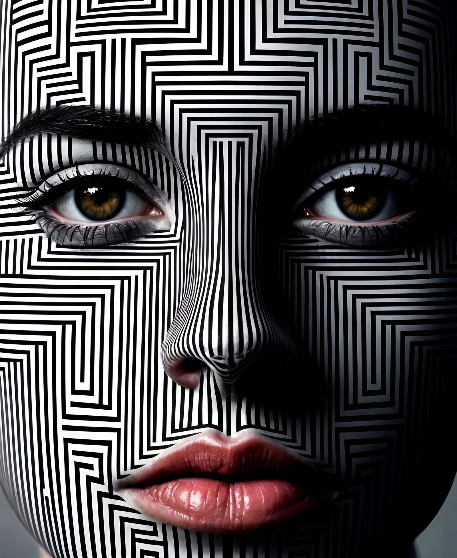 Symmetrical Face Constructed from Intersecting Black and Whi...