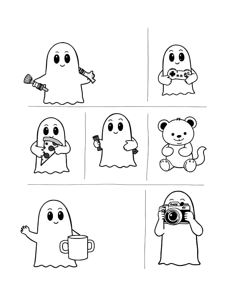 Six Ghosts in Line Art Style Holding Various Objects