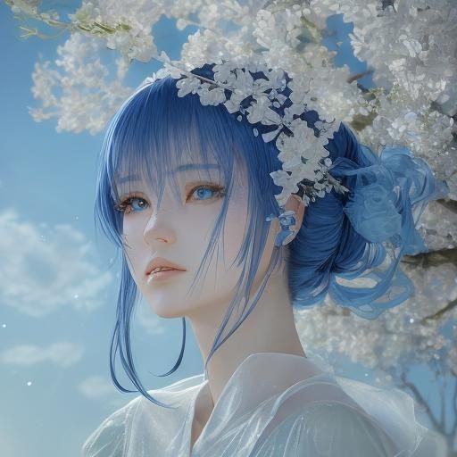 Glass Anime Girl with Blue Eyes in Misty Garden