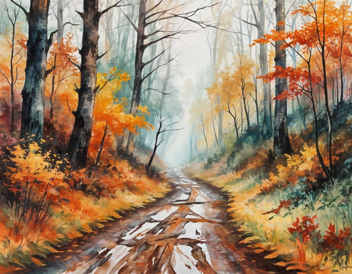 Misty Autumn Forest Road Watercolor Painting
