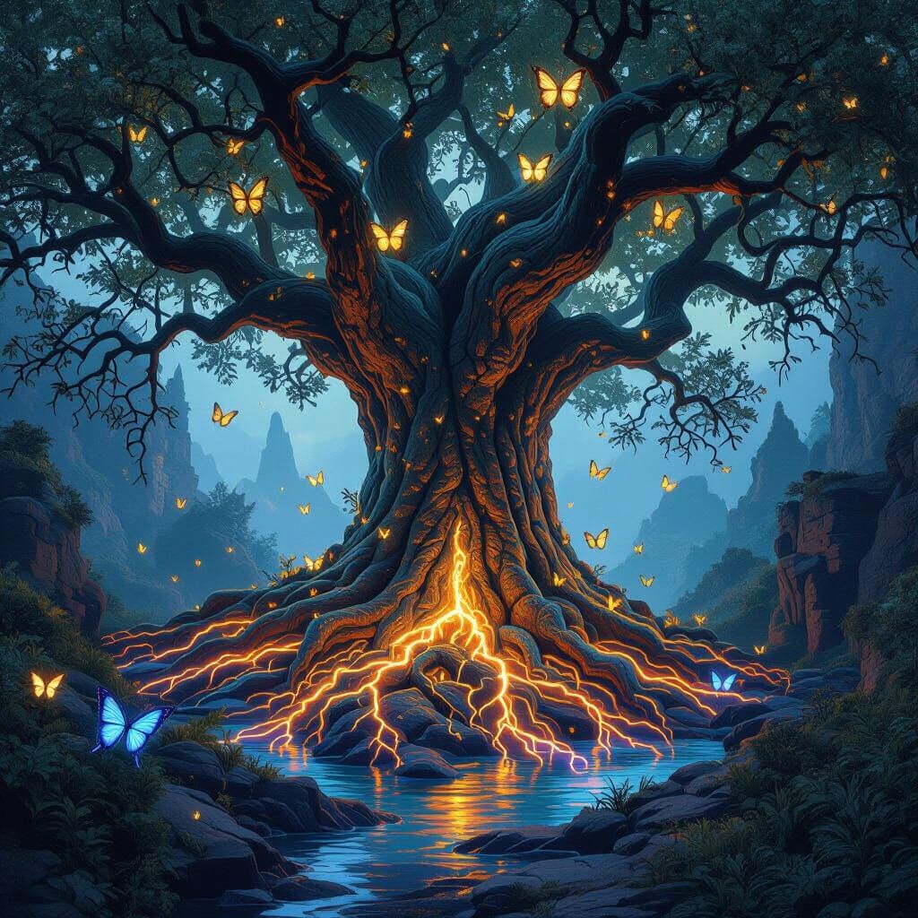 Mystical Oak Trees Connected by Glowing Roots