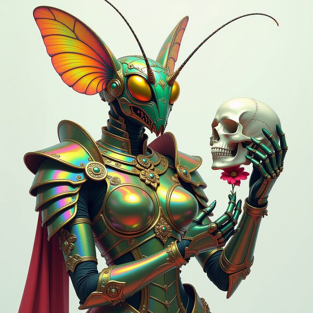 Rainbow Mantis Holds Head in Baroque Style
