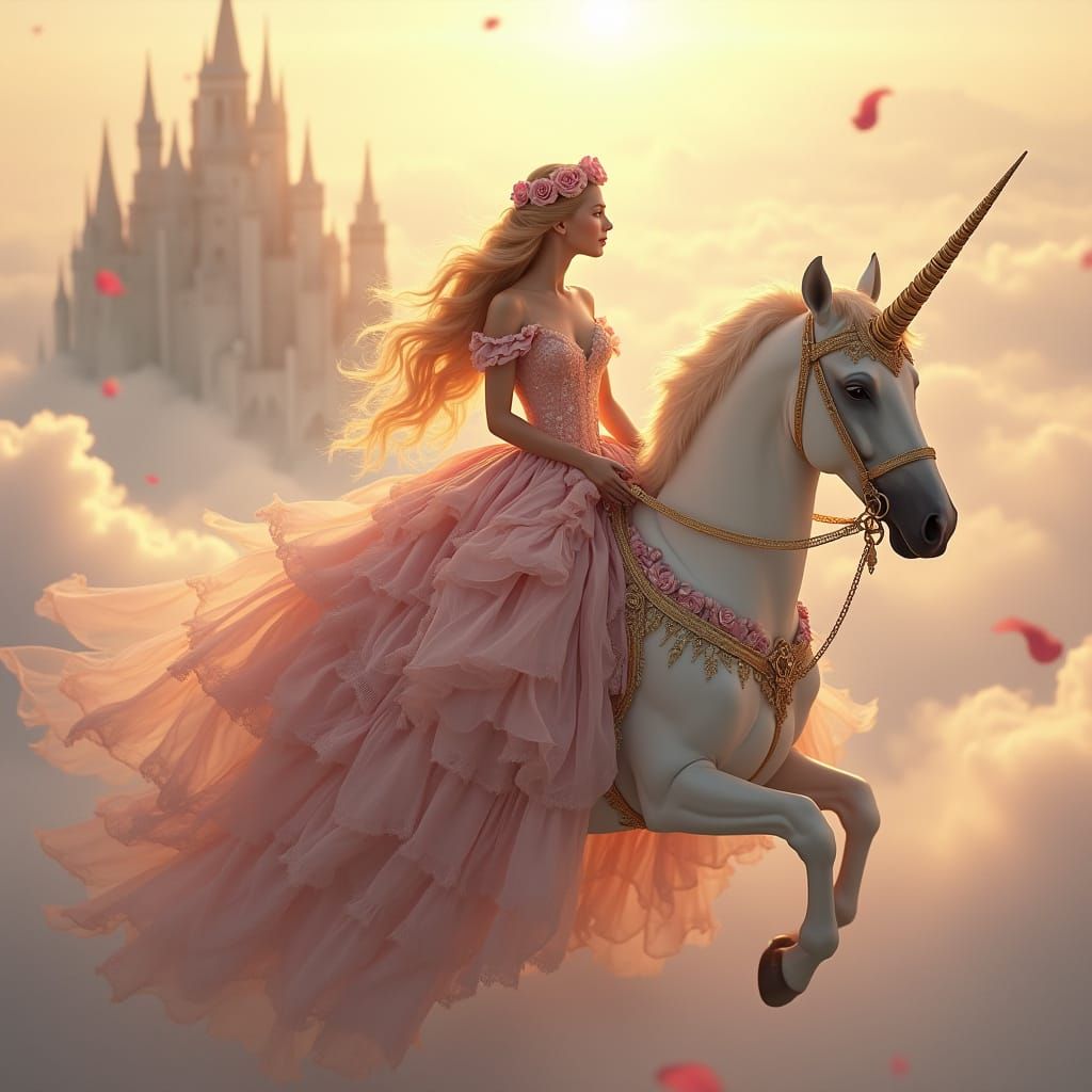 Princess on Unicorn Riding Above Fantasy Kingdom in Ethereal...