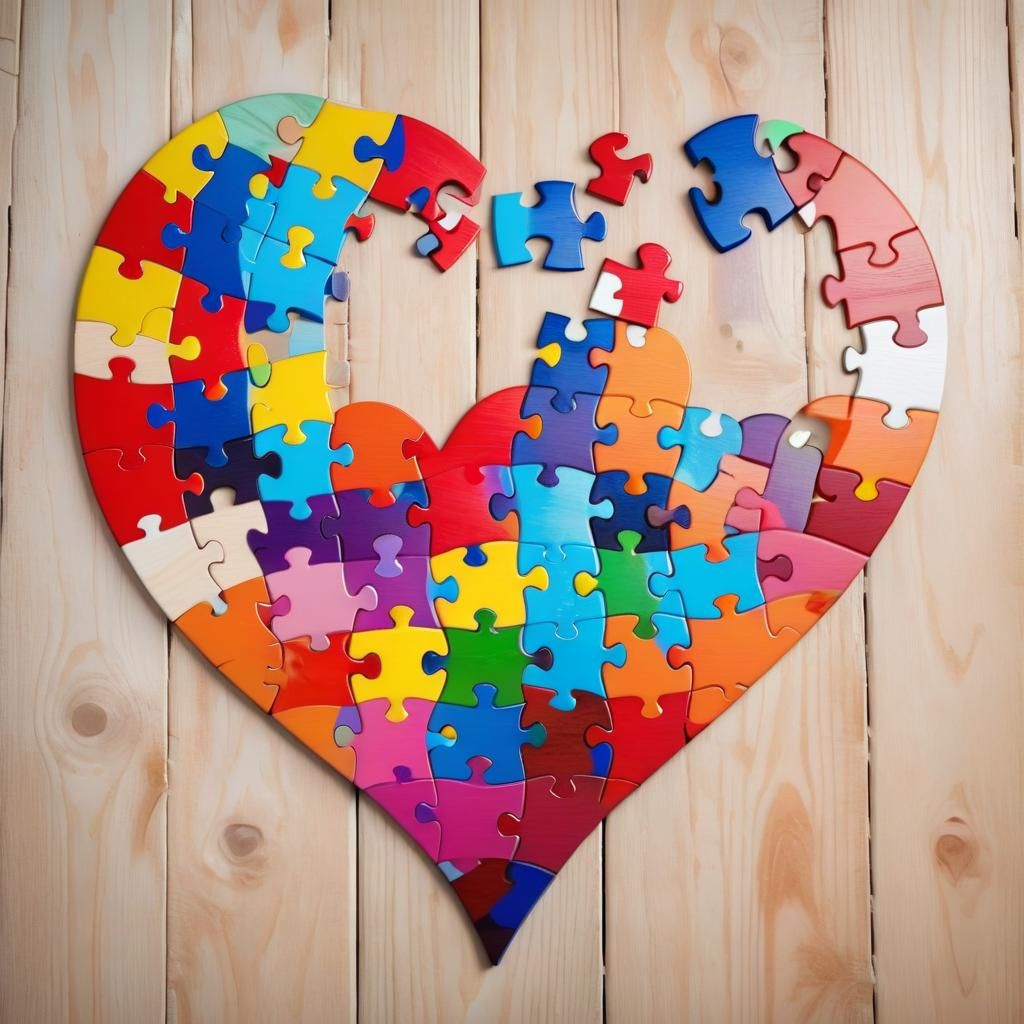Colorful Puzzle Heart on Wood Table: Autism Awareness