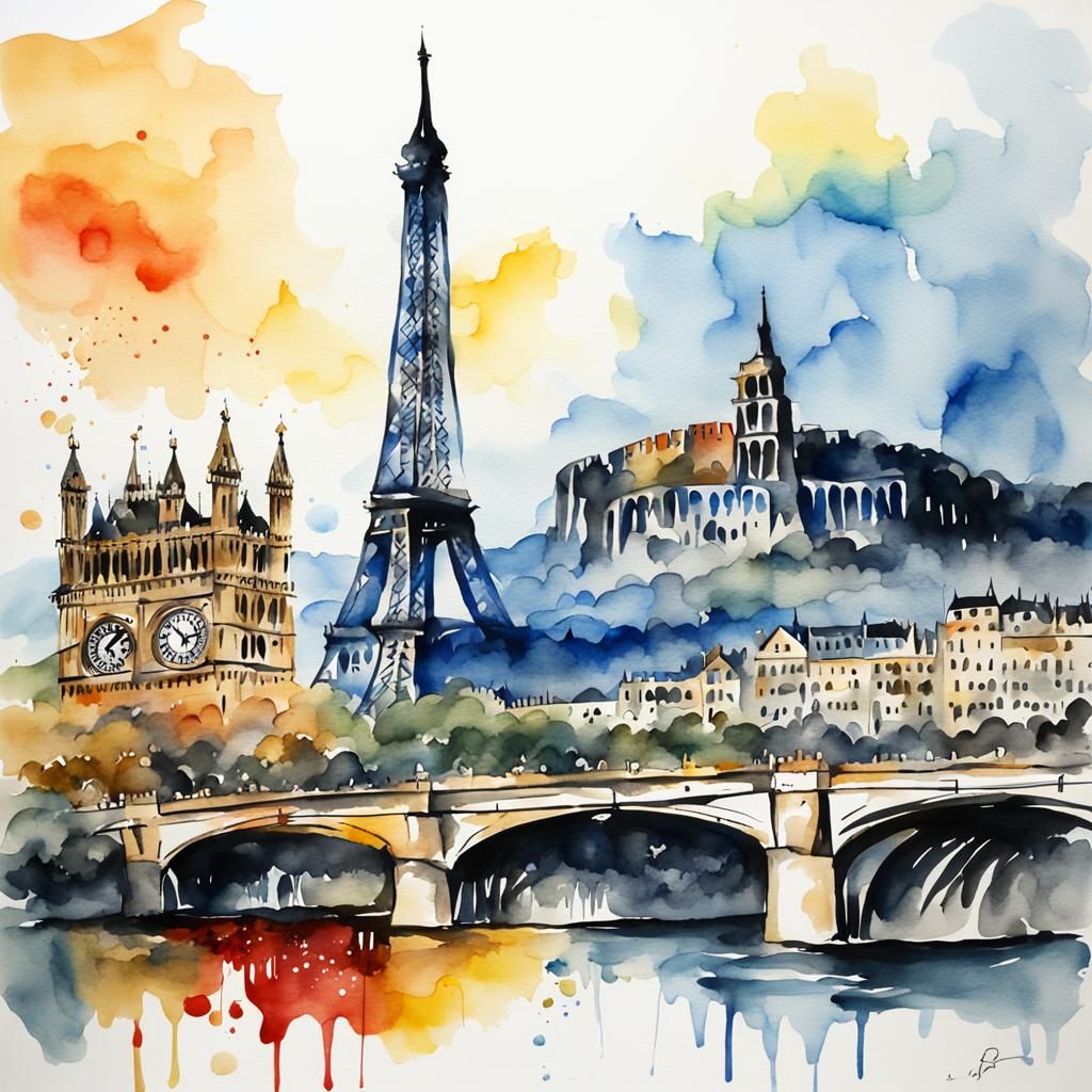 European Landmarks in Watercolor Ink Painting