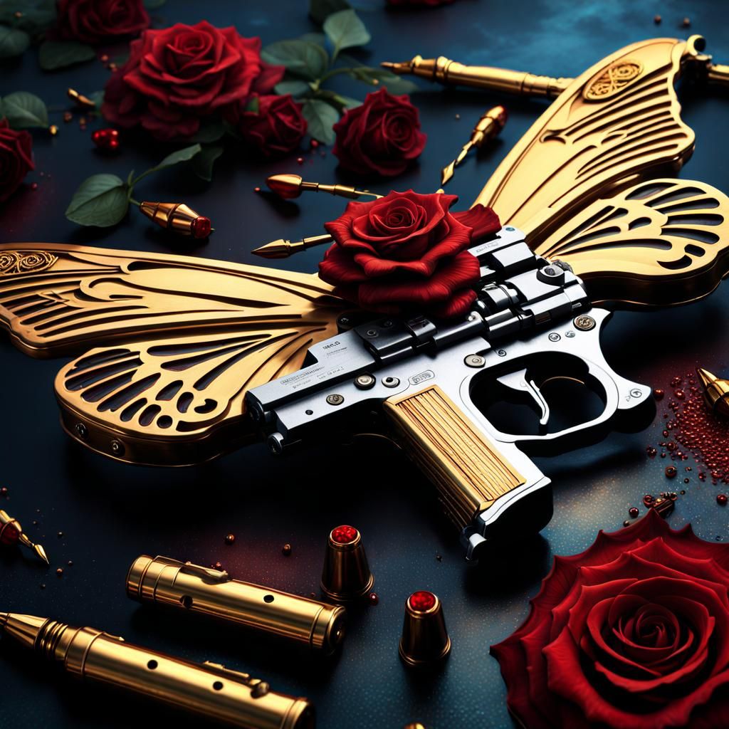 Pistol & red Roses & Golden Butterflies