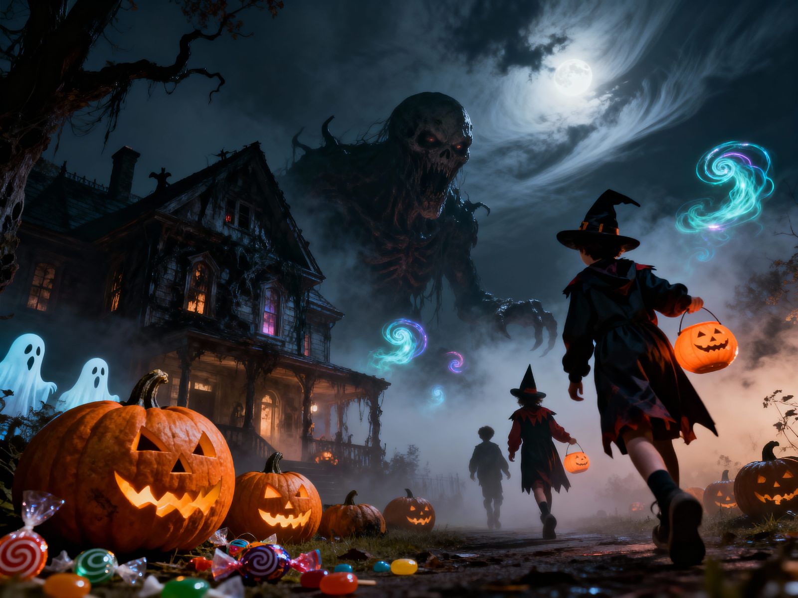 Eerie Halloween Night With Monstrous Pumpkins and Ghosts