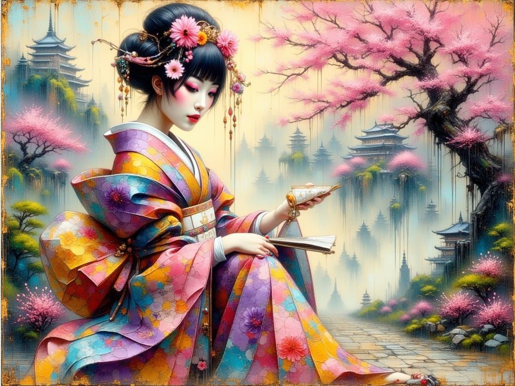 Geisha in Pastel Kimono with Cherry Blossoms