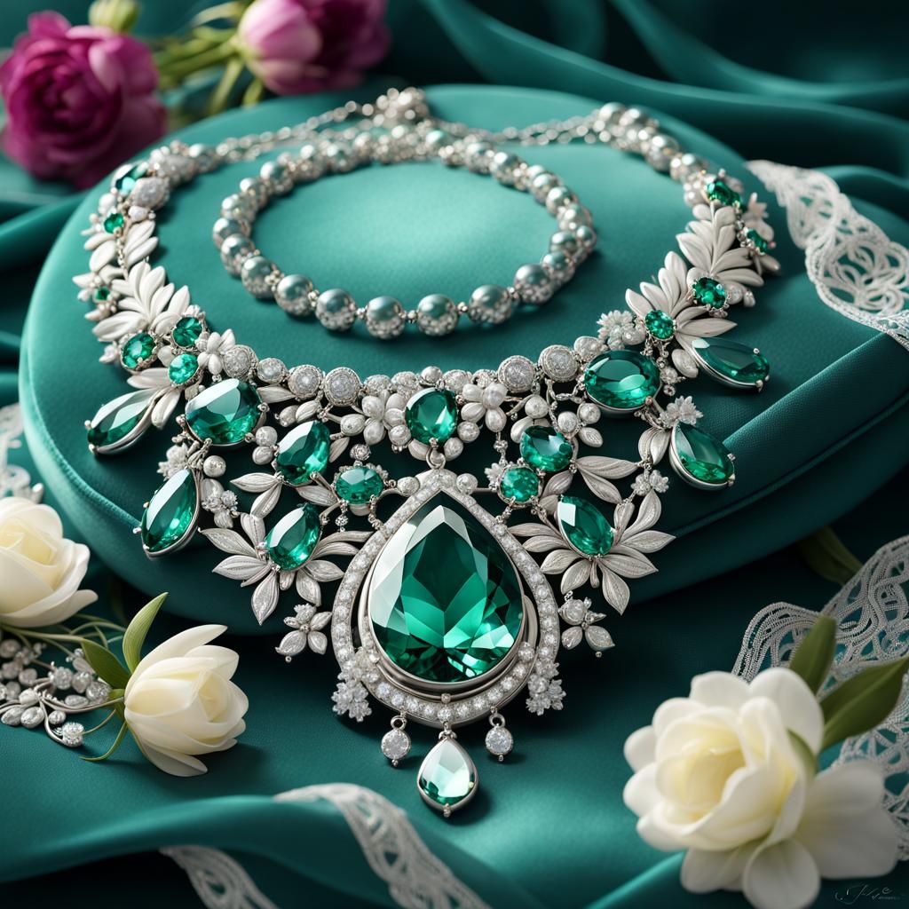 Viridian Gem Silver Necklace on Velvet Cushion